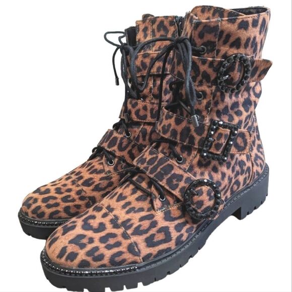 Jessica Simpson Kirlah animal print tan & black rhinestone combat boots 8.5 - Picture 6 of 11